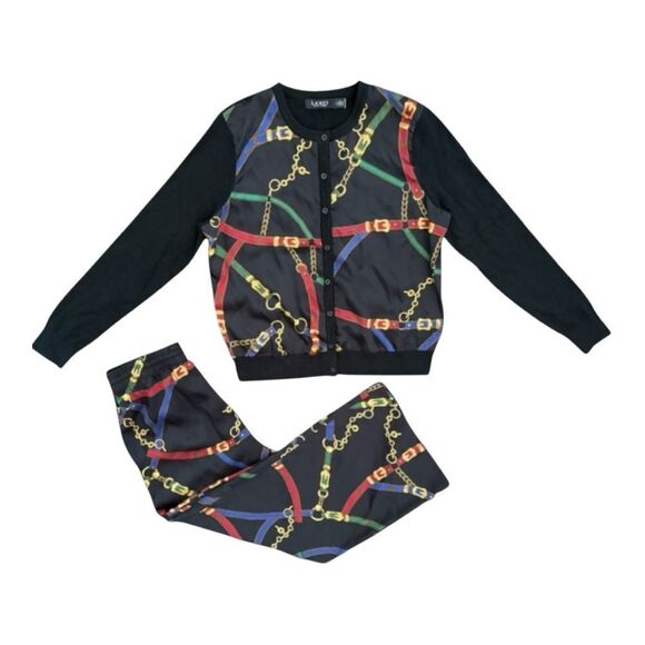 Lauren Ralph Lauren Black and Gold Chain Print Cardigan Sweater and Pants Set - Picture 1 of 12